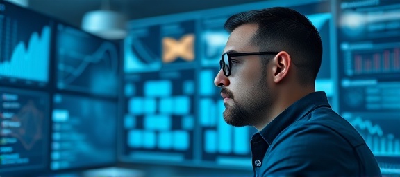 cutting-edge marketing trends, contemplative, analyzing data, photorealistic, open concept tech workspace with virtual interfaces and whiteboards, highly detailed, moving data streams, ultra-high resolution, cool blue tones, soft diffused lighting, shot with a macro lens.