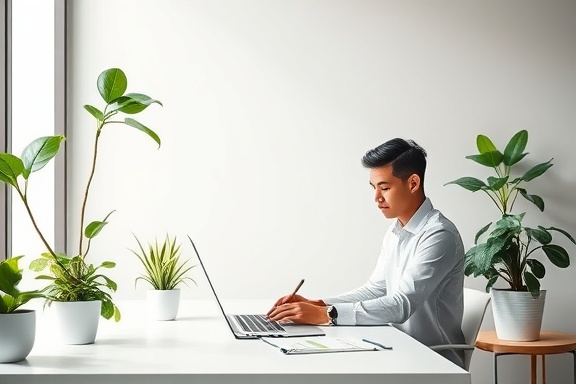 Innovative Jimenez consulting, visionary, crafting a marketing plan, photorealistic, minimalistic workspace with green accents, highly detailed, plants swaying gently, extreme clarity, lively greens and whites, diffused daylight, shot with a 24-70mm lens.