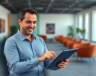 user-friendly consultation booking, satisfied expression, tapping on tablet, photorealistic, open space with ergonomic furniture, highly detailed, booking confirmation message, sharp focus, vibrant colors, diffused light, shot with a prime lens.