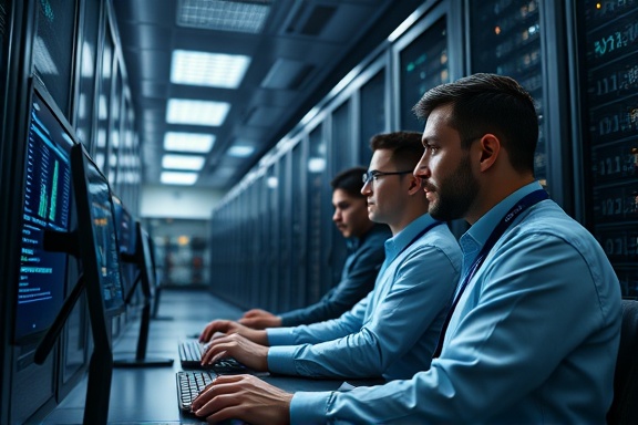 efficient group agency, methodical, analyzing data, photorealistic, in a data center with servers and monitors, highly detailed, graphs and numbers, pin-sharp clarity, monochrome colors, focused spotlight, shot with an 85mm lens.