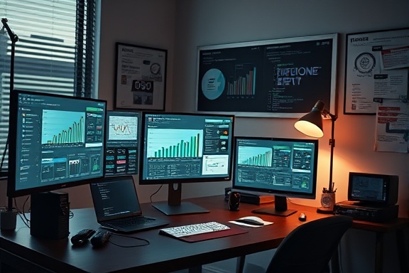essential marketing tools, focused, utilizing resources, photorealistic, sleek home office with multiple monitors and toolkits, highly detailed, animated digital dashboards, high fidelity, monochromatic with bursts of color, ambient light from a lamp, shot with a 35mm lens.