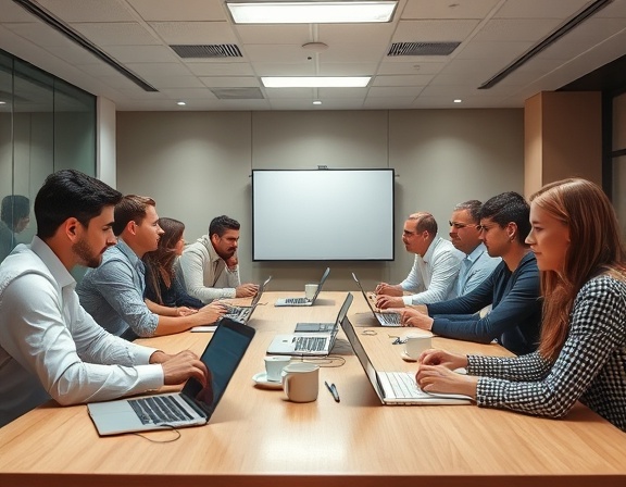 collaborative group agency, focused, brainstorming session, photorealistic, around a large conference table with laptops and coffee cups, highly detailed, exchanging ideas, high-resolution clarity, neutral tones, overhead fluorescent lighting, shot with a 24mm lens.