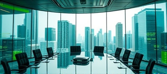 strategic marketing growth, ambitious, planning expansion, photorealistic, futuristic boardroom with glass walls overlooking a bustling city, highly detailed, interactive digital displays, maximum depth of field, green and silver palette, natural daylight, shot with an 85mm lens.