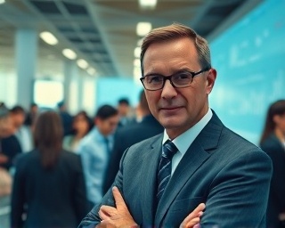 comprehensive consultation management, confident expression, strategizing, photorealistic, bustling corporate environment with colleagues, highly detailed, charts and graphs displayed, motion blur, cool tones, overhead lighting, shot with a telephoto lens.