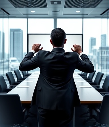 Empowering business images, determined, presenting, photorealistic, corporate meeting room with glass walls and skyscrapers outside, highly detailed, digital presentation on large screen, contrast-rich, monochromatic, indoor fluorescent lighting, shot with an 85mm lens.