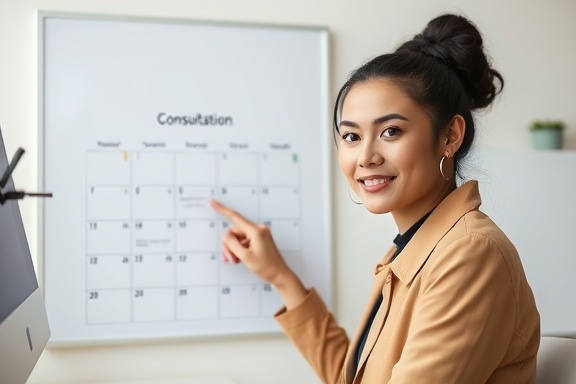 neat consultation calendar, calm expression, swiping through schedule, photorealistic, minimalist workspace with whiteboard in the background, highly detailed, digital interface reflections, clarity, pastel colors, ambient light, shot with a wide-angle lens.
