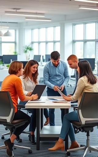 Resourceful resources images, engaged, planning, photorealistic, collaborative open office with ergonomic furniture, highly detailed, team gathered around digital screen, vibrant colors, bright natural lighting, shot with a 35mm lens.