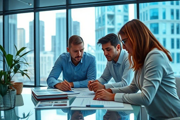Innovative business tools, focused, strategizing, photorealistic, urban office setting with city view through window, highly detailed, people collaborating over a table, crisp details, blue and gray, natural daylight, shot with a 24mm lens.