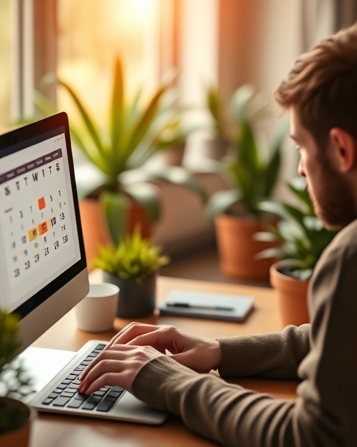 efficient consultation scheduler, focused expression, typing, photorealistic, cozy home office with potted plants, highly detailed, digital calendar open on screen, bokeh effect, warm tones, afternoon sunlight, shot with a macro lens.
