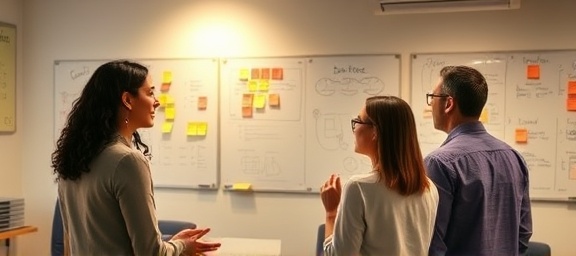 dynamic group services, engaged, discussing strategy, photorealistic, in a creative workspace with whiteboards and sticky notes, highly detailed, interactive screens and drawings, ultra-high definition, warm colors, diffuse soft lighting, shot with a 28mm lens.