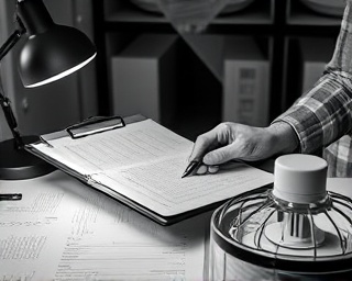 detailed consultation appointment, analytical expression, reviewing notes, photorealistic, well-organized desk with reference materials, highly detailed, pen and notepad in hand, contrast, monochrome colors, desk lamp lighting, shot with a 35mm lens.