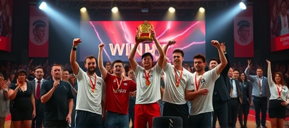 successful win group, triumphant, holding a trophy, photorealistic, on a stage with a cheering audience, highly detailed, spotlights and banners, deep depth of field, bold colors, spotlight illumination, shot with a 50mm lens.