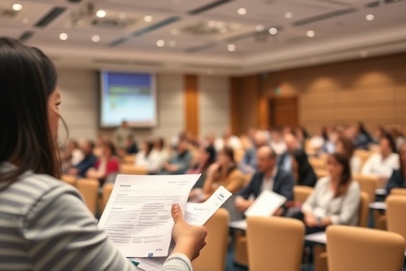 expert agency services, articulate, leading a seminar, photorealistic, in a spacious meeting hall with rows of attendees, highly detailed, projectors and handouts, precise detail, soft pastel colors, diffuse lighting, shot with a 35mm lens.