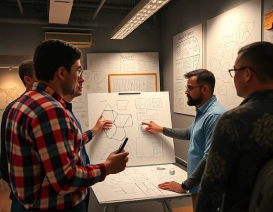 engaging advertising content, captivating, brainstorming ideas, photorealistic, creative studio filled with sketches, highly detailed, employees discussing concepts, vibrant colors, overhead ambient lighting, shot with a 35mm lens.