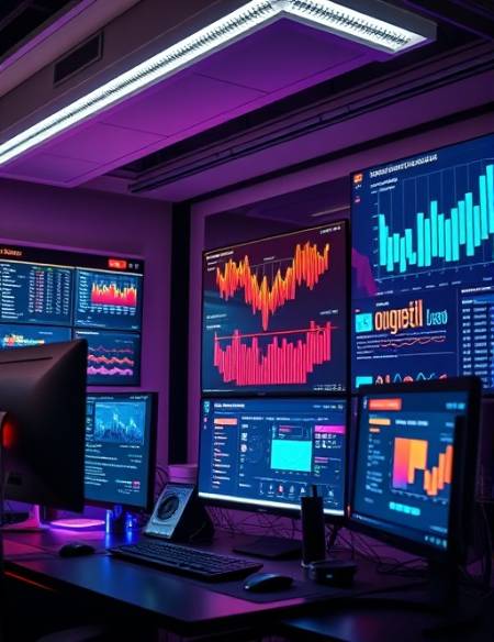 dynamic digital marketing, energetic, optimizing campaigns, photorealistic, digital workspace with multiple screens, highly detailed, interactive elements shown, bold colors, LED lighting, shot with a 24mm lens.