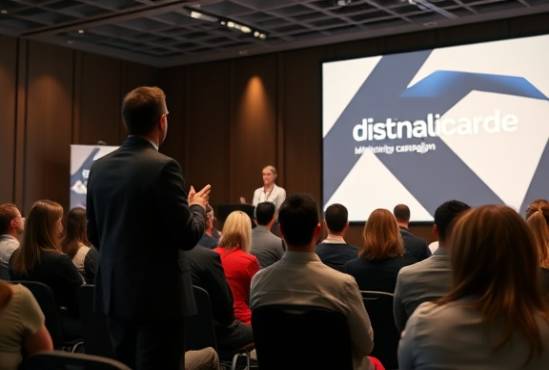 distinctive branding campaigns, confident, presenting to an audience, photorealistic, conference room with branding materials, highly detailed, feedback from audience members, muted colors, soft spotlighting, shot with an 85mm lens.