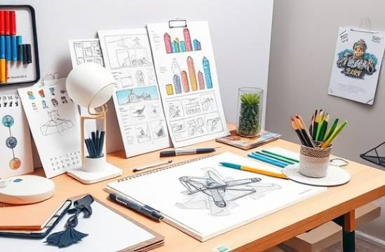 innovative campaign creativity, exploratory, sketching ideas, photorealistic, designer desk with drawing tools, highly detailed, vivid storyboards visible, pastel colors, directional studio lighting, shot with a 50mm lens.