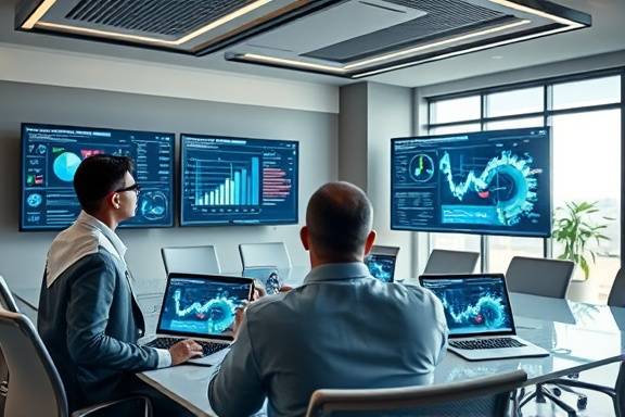 advanced marketing strategy consultancy, insightful, analyzing data, photorealistic, modern boardroom with interactive displays, highly detailed, data visualizations on screens, neutral colors, diffused sunlight, shot with a 70mm lens.