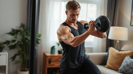 Male working out at home, performing exercises for fitness and strength.