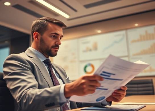 meticulous real estate investment advisor, focused expression, analyzing data, photorealistic, surrounded by graphs and charts in a sleek boardroom, highly detailed, subtle paper rustling, precise detailing, warm tones, overhead lighting, shot with a 50mm lens.