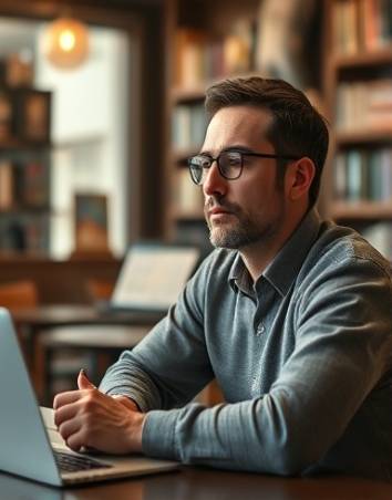 thoughtful real estate analyst, contemplative expression, drawing insights, photorealistic, in a cozy workspace filled with books and a laptop, highly detailed, ambient coffee shop sounds, smooth textures, neutral palette, diffused lighting, shot with an 85mm lens.