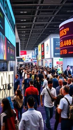dynamic real estate market scenario, vibrant expression, showcasing trends, photorealistic, at a bustling trade conference, highly detailed, dynamic crowd movement, crisp numerical displays, bold contrasts, spotlight lighting, shot with a 24mm lens.