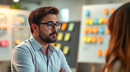 innovative real estate consultant, thoughtful expression, brainstorming ideas, photorealistic, in a creative coworking space with whiteboards and sticky notes, highly detailed, hushed discussions, clear focus, pastel colors, soft ambient lighting, shot with a 28mm lens.