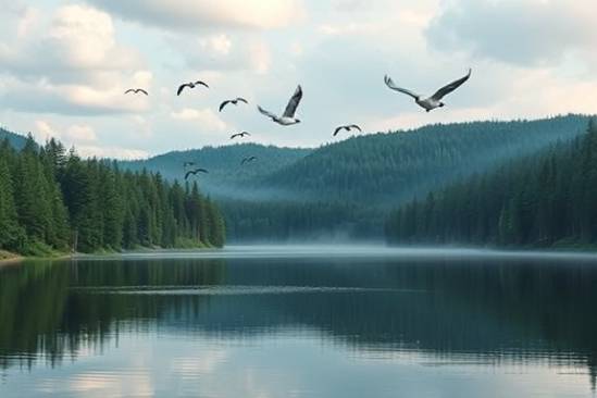 serene michael background, contemplative, painting, photorealistic, a tranquil lake surrounded by lush forests, highly detailed, birds flying in the sky, soft focus, deep blues and greens, early morning light, shot with a telephoto lens.