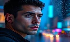 expressive jimenez portrait, thoughtful, gazing, photorealistic, a busy urban setting with skyscrapers and neon lights, highly detailed, rain droplets on a window, crisp focus, neon blues and purple hues, city lights reflecting, shot with a 50mm lens.