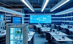 modern jimenez design, visionary, sketching, photorealistic, a design lab with high-tech gadgets and screens, highly detailed, digital blueprints and 3D models, clear rendering, metallic and glass textures, cool fluorescent lighting, shot with a wide-angle lens.