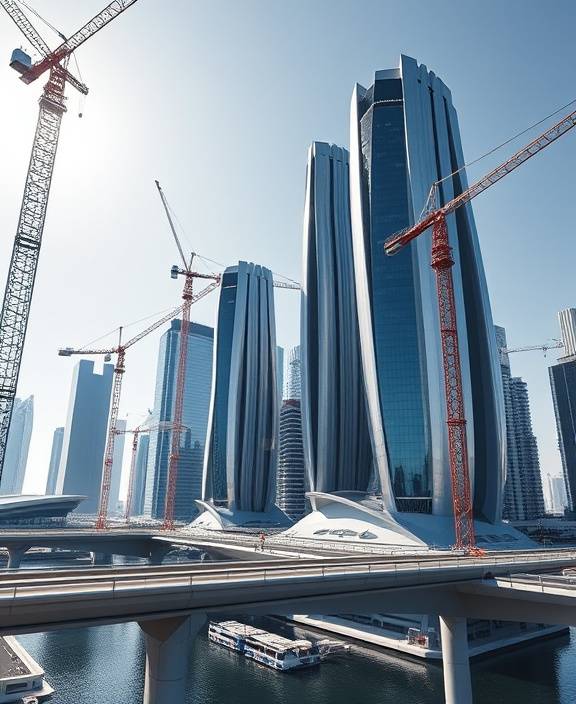 contemporary jimenez architecture, innovative, constructing, photorealistic, a skyline of futuristic skyscrapers and bridges, highly detailed, cranes and building activity, sleek silver and glass, midday bright sunlight, shot with an ultra-wide lens.