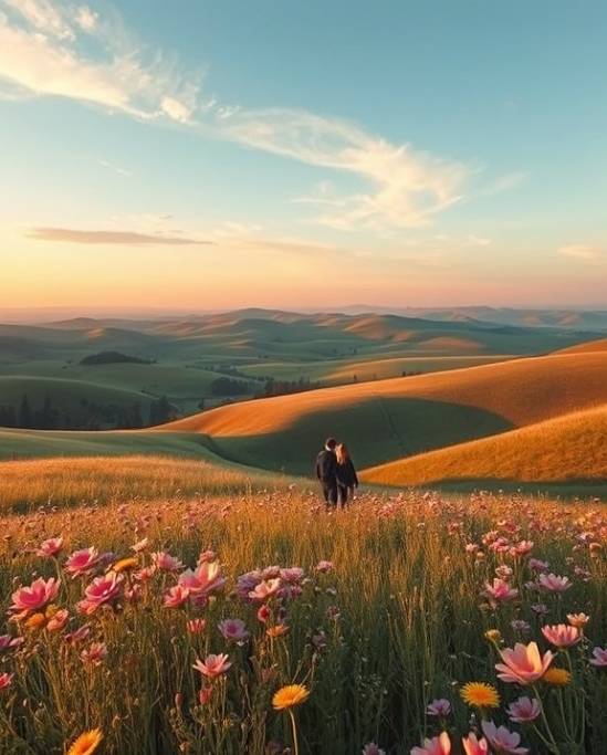 nostalgic jimenez landscape, dreamy, wandering, photorealistic, a picturesque countryside with rolling hills and wildflowers, highly detailed, a gentle breeze swaying the flowers, pastel shades, warm sunset glow, shot with a panoramic lens.
