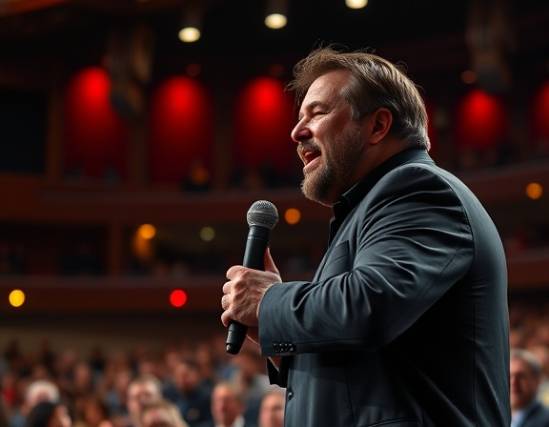 Dynamic Michael Jimenez, passionate, addressing an audience, photorealistic, large auditorium with stage lights, highly detailed, microphone slightly vibrating, high dynamic range, deep reds and blacks, tungsten stage lighting, shot with a 135mm lens.