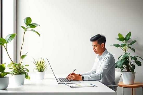 Innovative Jimenez consulting, visionary, crafting a marketing plan, photorealistic, minimalistic workspace with green accents, highly detailed, plants swaying gently, extreme clarity, lively greens and whites, diffused daylight, shot with a 24-70mm lens.