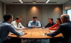 Strategic Jimenez advice, empathetic, guiding a team discussion, photorealistic, roundtable in a modern meeting room, highly detailed, pens rolling slightly, 8K resolution, soft neutral tones, overhead softbox lighting, shot with a 24mm wide-angle lens.