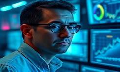 Future-oriented Michael Jimenez, visionary, analyzing trends, photorealistic, high-tech office with digital screens, highly detailed, slight glow from monitors, depth and texture focused, electric blues, cool LED lighting, shot with an 85mm portrait lens.