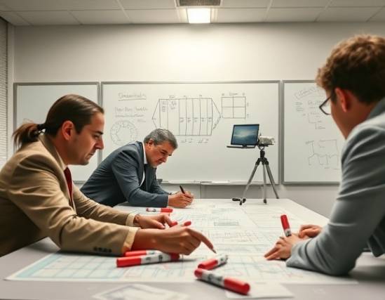 Authoritative Jimenez strategy, decisive, planning an expansion, photorealistic, spacious whiteboard-filled room, highly detailed, markers rolling across table, fine-tuned contrast, subdued earth tones, overhead florescent lighting, shot with a 60mm macro lens.