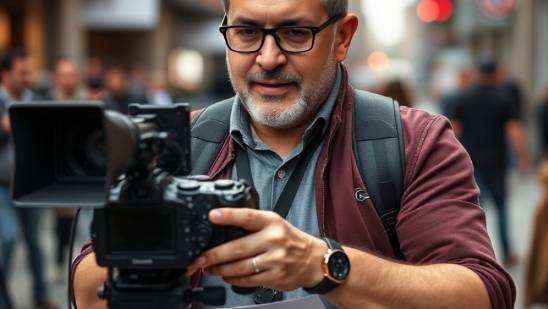 Michael Jimenez, journalist, reporting in a bustling newsroom.