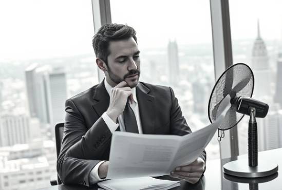 business executive, thoughtful demeanor, reviewing documents, photorealistic, sleek high-rise office overlooking a cityscape, highly detailed, papers slightly ruffling from a desk fan, crisp monochromatic palette, direct overhead lighting, shot with an 85mm portrait lens.