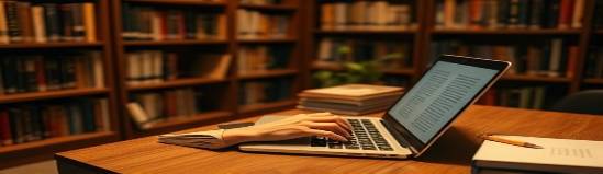 profile writing session, creative focus, typing on a laptop, photorealistic, quiet library corner, soft whispers and page turns, warm wooden tones, soft overhead lighting, shot with a 35mm lens.